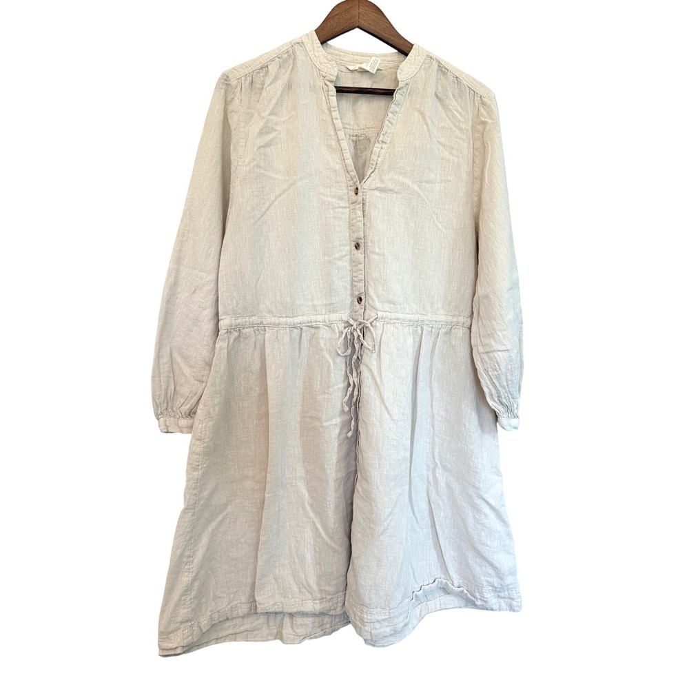 H & M Oatmeal Flax Linen Blend Dress Drawstring Waist Puff Long Sleeves Size M
